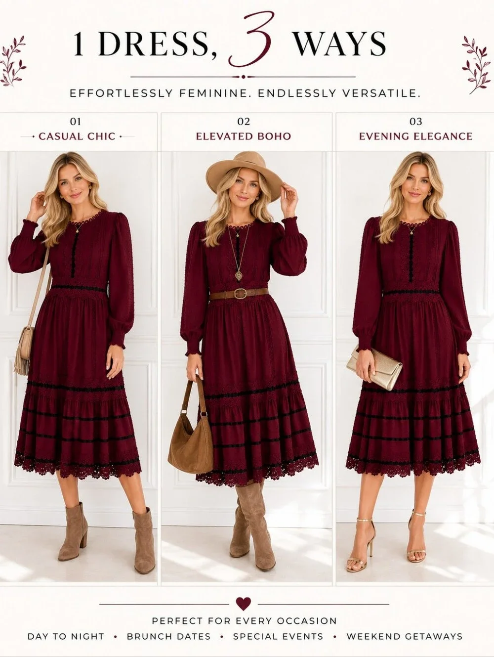 Just Me Burgundy Swiss Dot Lace Midi Dress Size Medium Long Sleeve Romantic - Picture 3 of 8